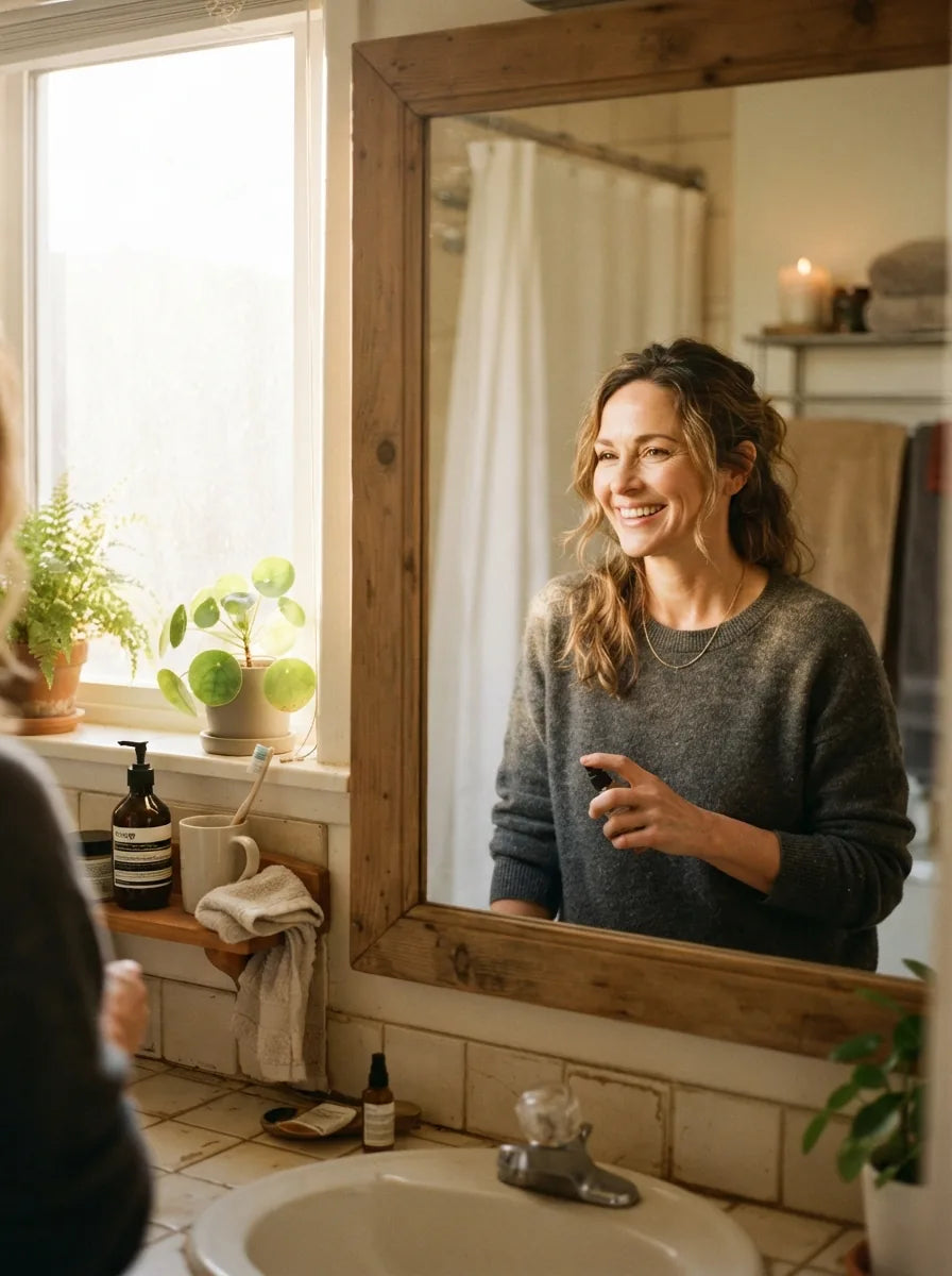 Woman in front of the mirror, relaxed and smiling: life without a bloated stomach